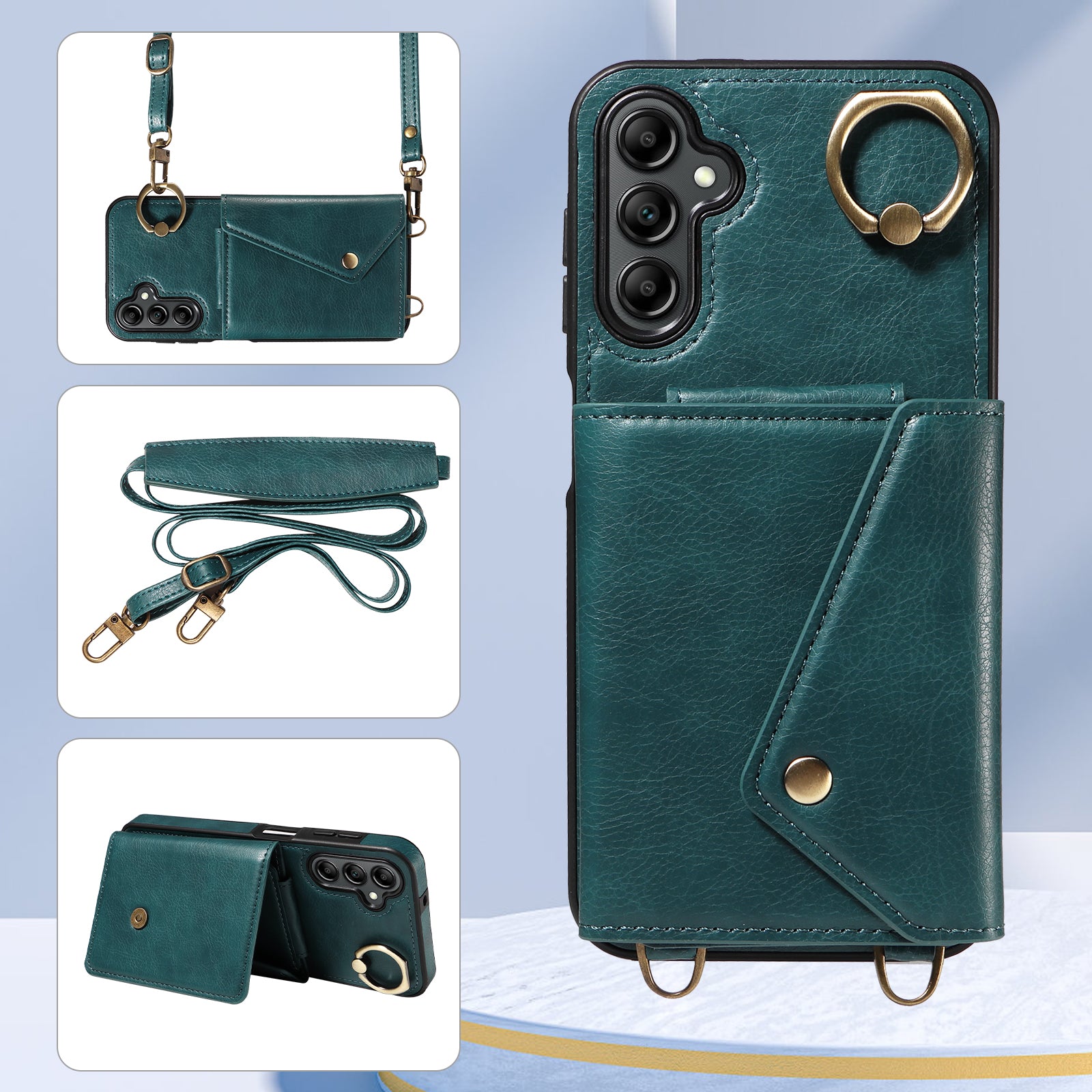 002 For Samsung Galaxy A14 4G 5G Card Bag Ring Kickstand Cover Litchi Texture Leather Coated TPU Phone Case with Shoulder Strap 002 For Samsung Galaxy A14 4G 5G Card Bag Ring Kickstand Cover Litchi Texture Leather Coated TPU Phone Case with Shoulder Strap
